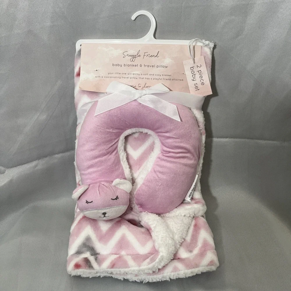 Cuddle Time Baby Blanket  Set Neck Rest Pink‎ Soft Plush Sherpa